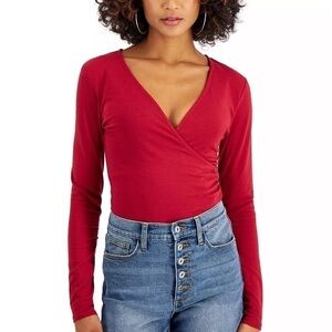 Self Esteem Juniors Surplice-Neck Bodysuit, top, shirt,Red